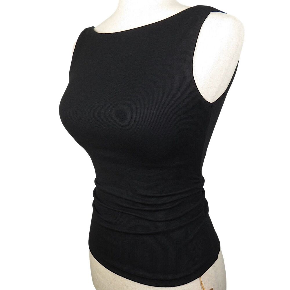 OGL Plantive Black Ribbed Ruched Boat Neck Low Back Padded Brami Tank Size XL